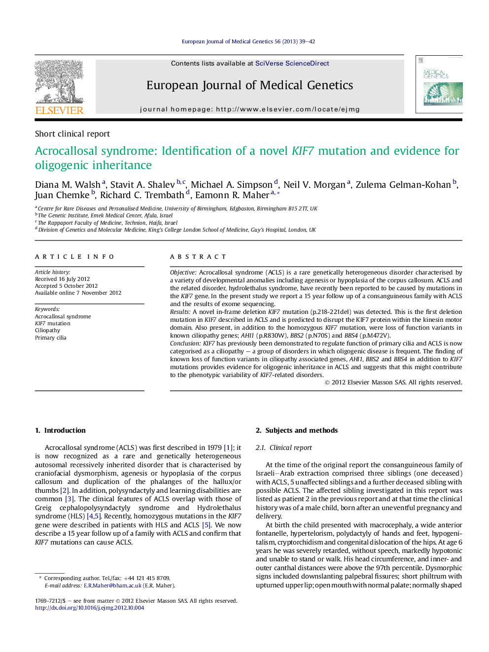 Acrocallosal syndrome: Identification of a novel KIF7 mutation and evidence for oligogenic inheritance