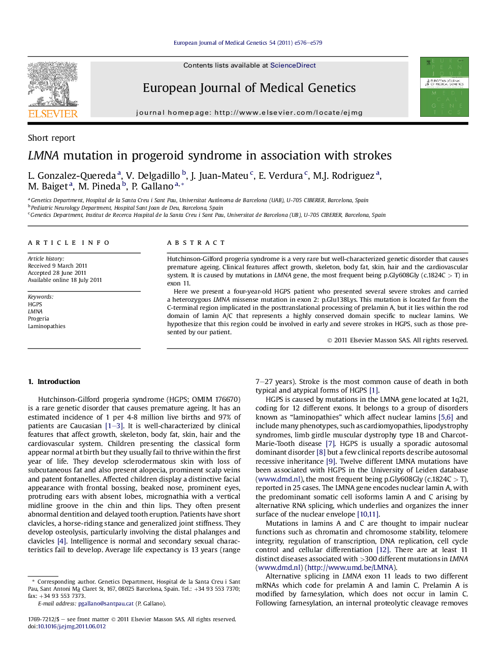 LMNA mutation in progeroid syndrome in association with strokes