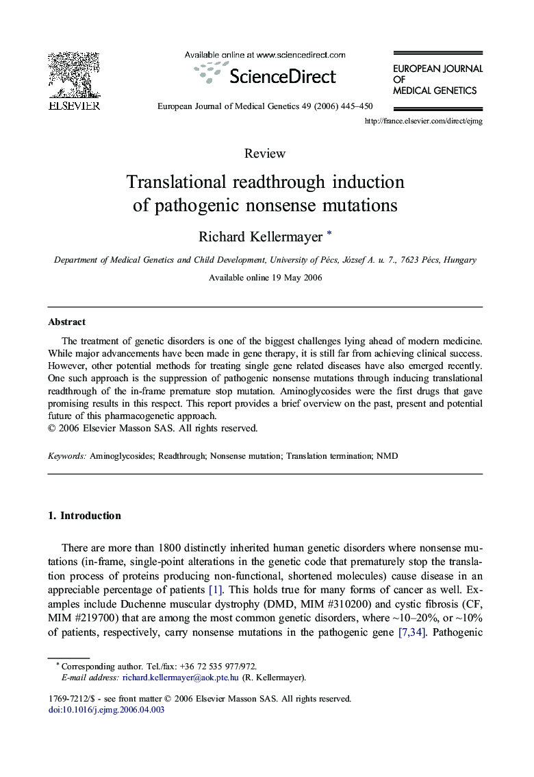 Translational readthrough induction of pathogenic nonsense mutations