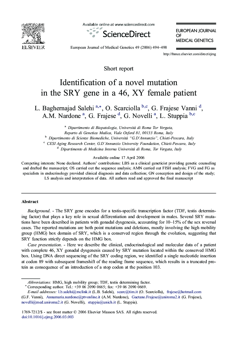 Identification of a novel mutation in the SRY gene in a 46, XY female patient