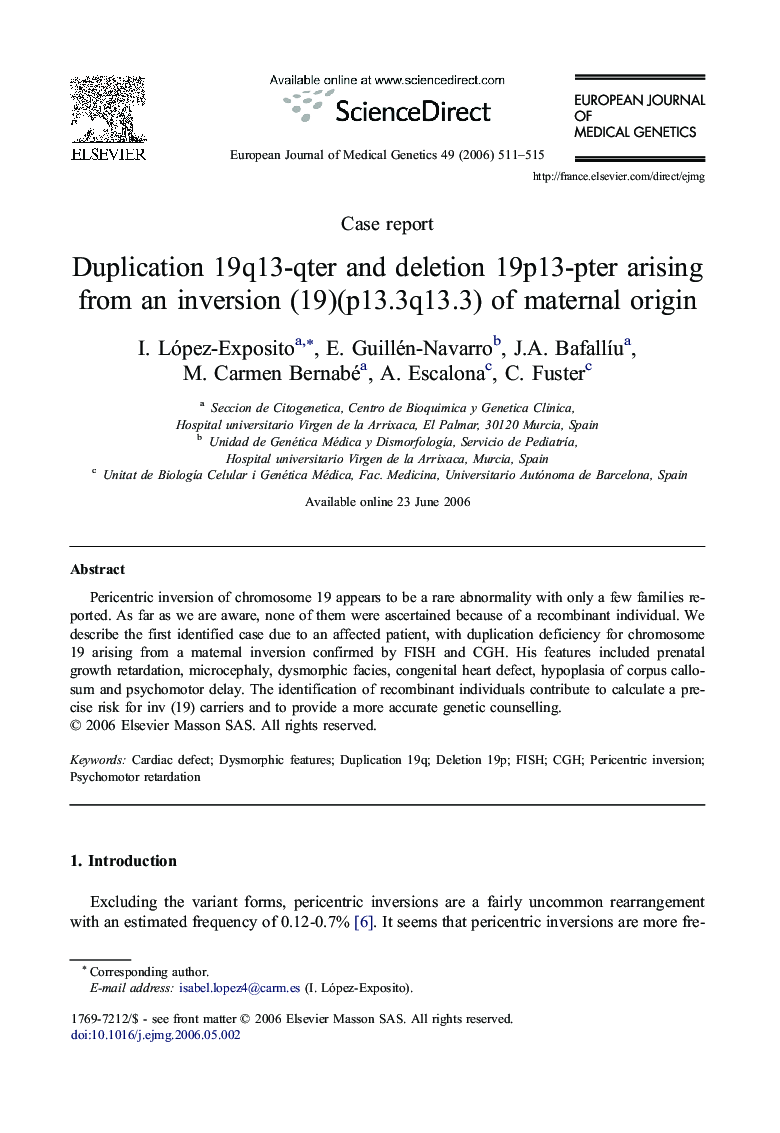 Duplication 19q13-qter and deletion 19p13-pter arising from an inversion (19)(p13.3q13.3) of maternal origin