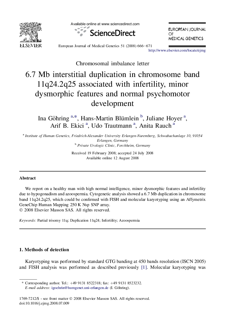 6.7 Mb interstitial duplication in chromosome band 11q24.2q25 associated with infertility, minor dysmorphic features and normal psychomotor development