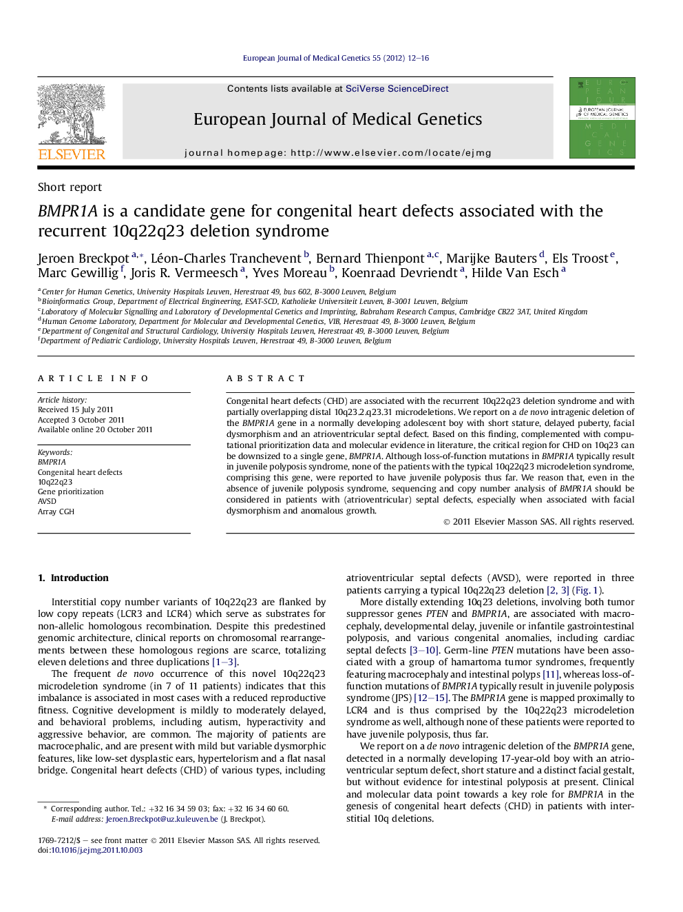 BMPR1A is a candidate gene for congenital heart defects associated with the recurrent 10q22q23 deletion syndrome