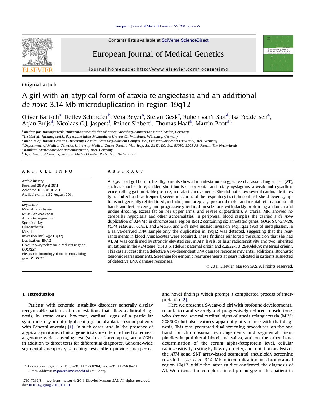 A girl with an atypical form of ataxia telangiectasia and an additional de novo 3.14 Mb microduplication in region 19q12