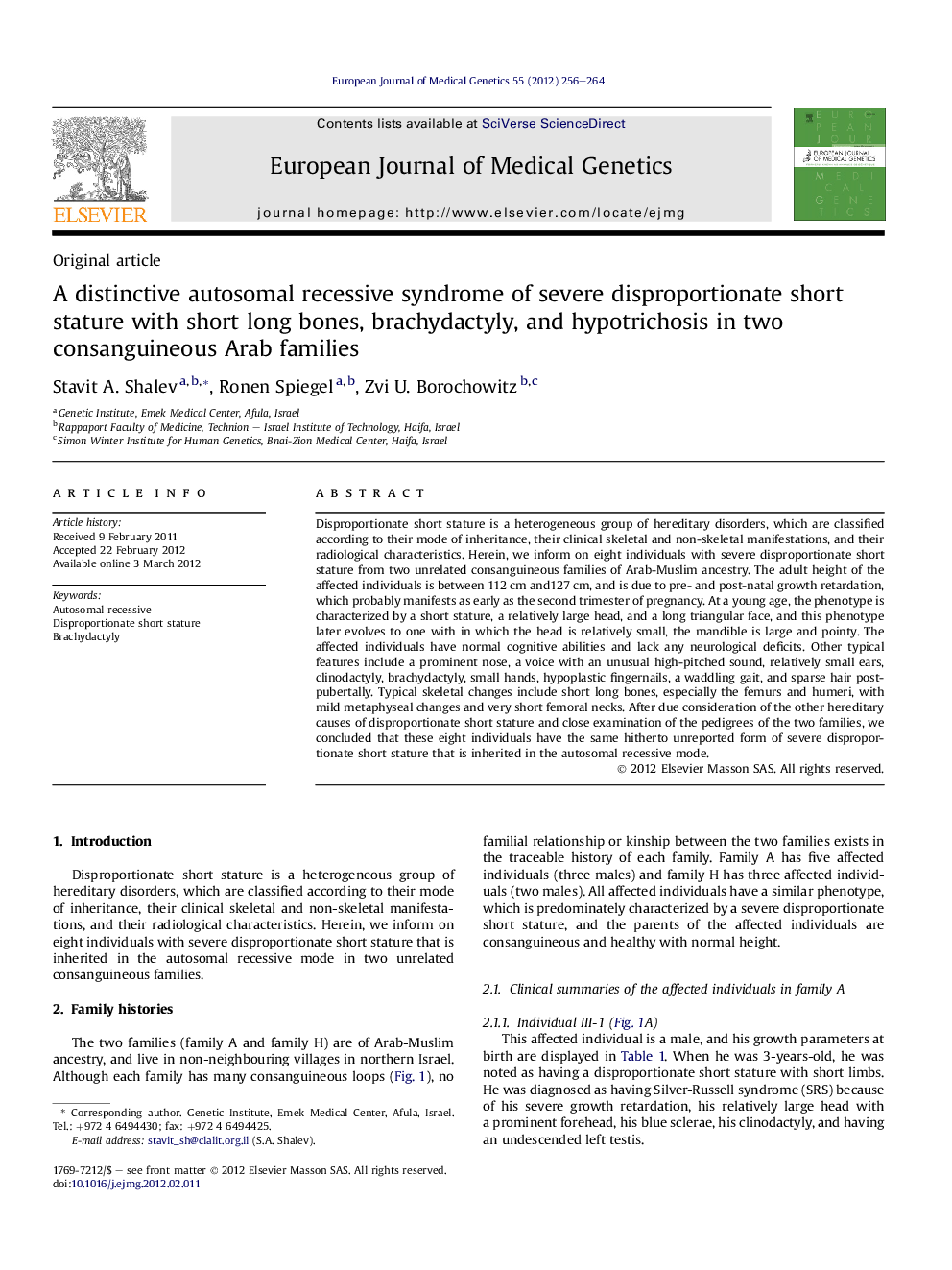 A distinctive autosomal recessive syndrome of severe disproportionate short stature with short long bones, brachydactyly, and hypotrichosis in two consanguineous Arab families