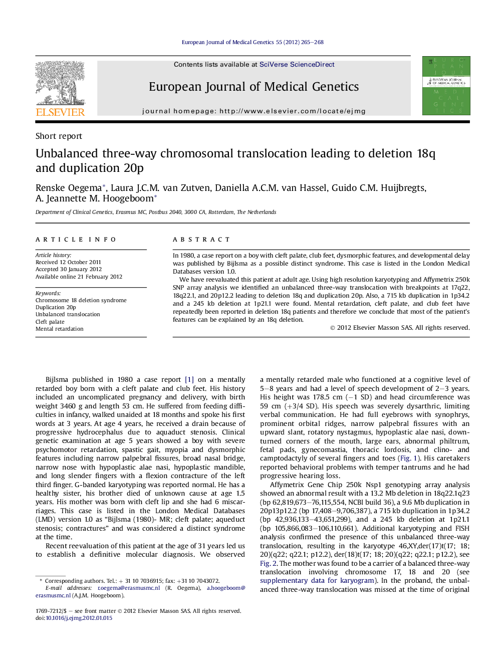 Unbalanced three-way chromosomal translocation leading to deletion 18q and duplication 20p