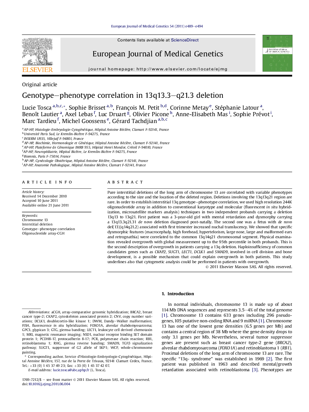 Genotype–phenotype correlation in 13q13.3–q21.3 deletion