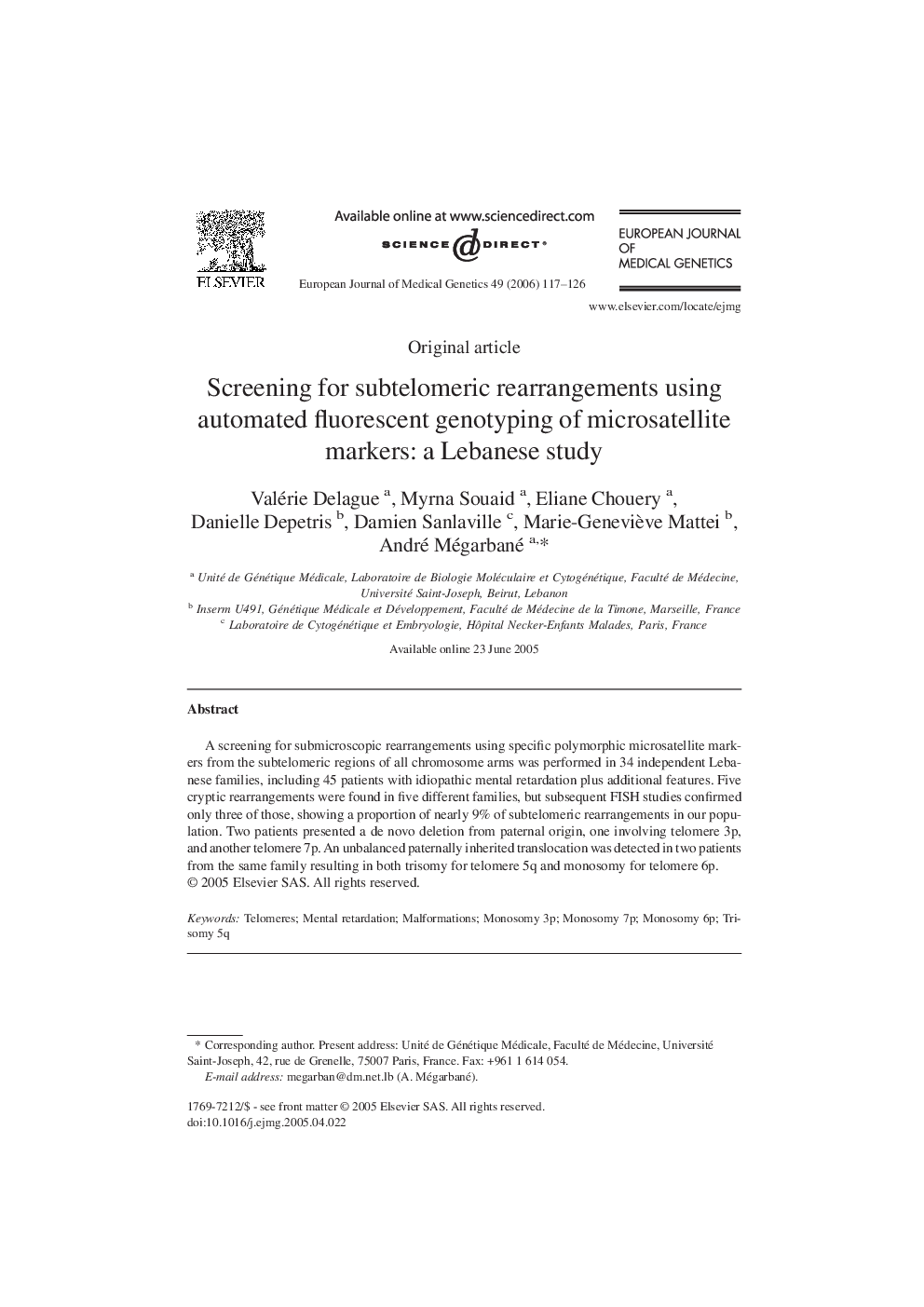 Screening for subtelomeric rearrangements using automated fluorescent genotyping of microsatellite markers: a Lebanese study