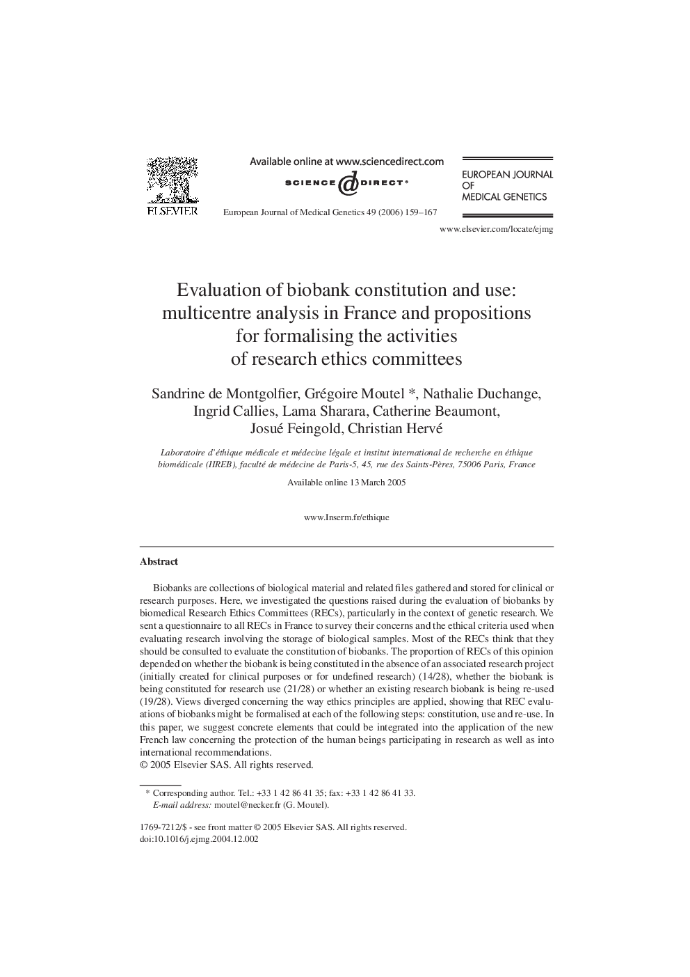 Evaluation of biobank constitution and use: multicentre analysis in France and propositions for formalising the activities of research ethics committees