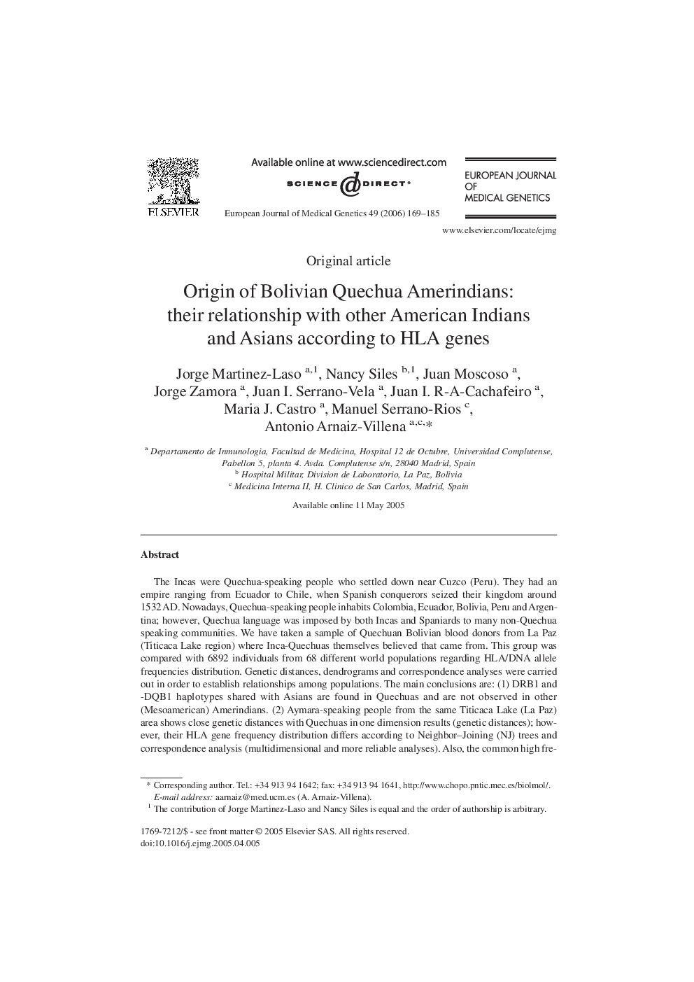 Origin of Bolivian Quechua Amerindians: their relationship with other American Indians and Asians according to HLA genes