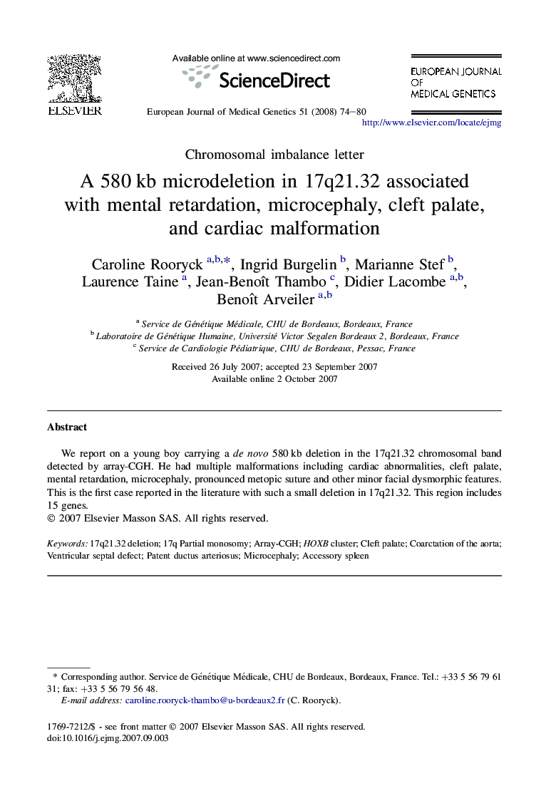 A 580 kb microdeletion in 17q21.32 associated with mental retardation, microcephaly, cleft palate, and cardiac malformation