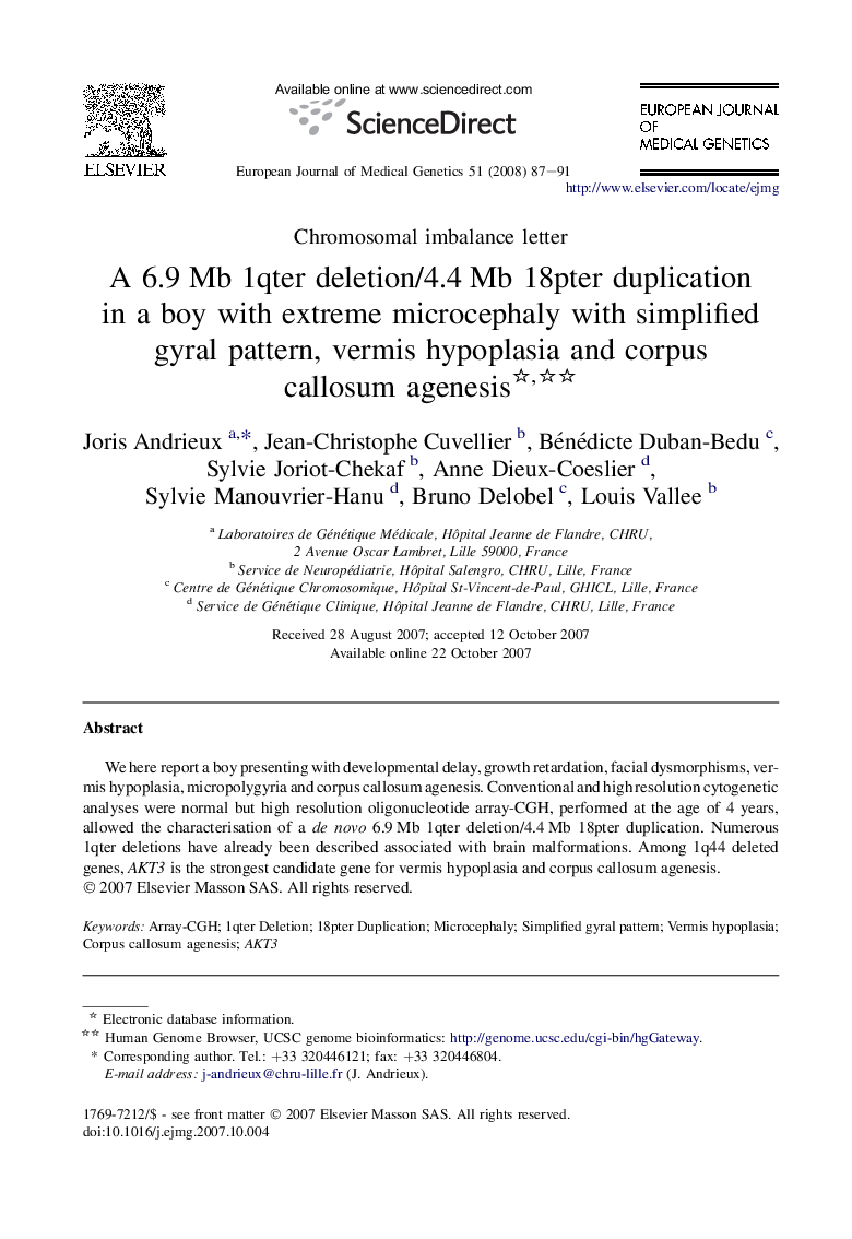 A 6.9 Mb 1qter deletion/4.4 Mb 18pter duplication in a boy with extreme microcephaly with simplified gyral pattern, vermis hypoplasia and corpus callosum agenesis 