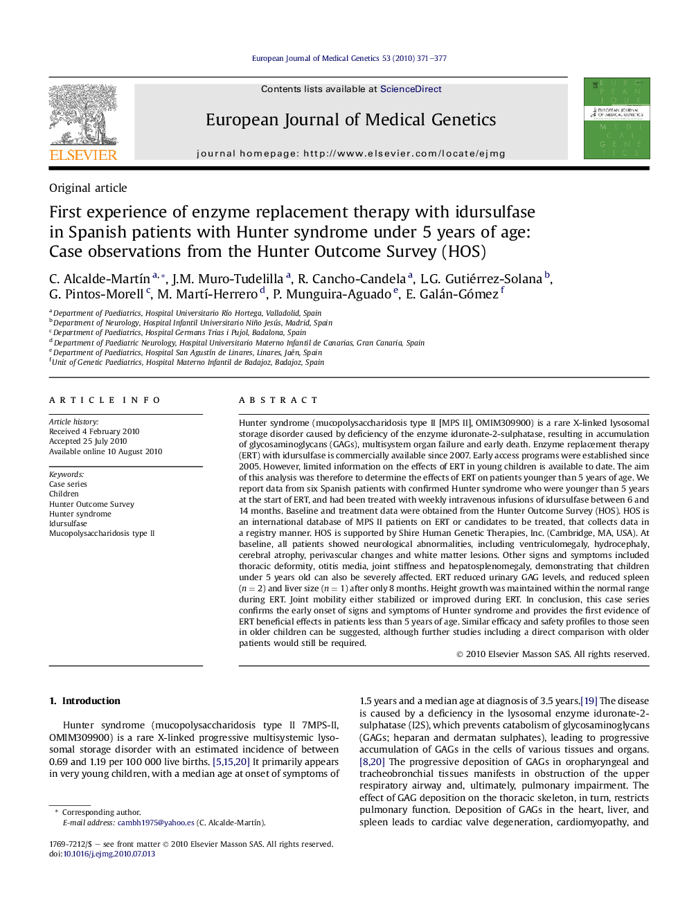 First experience of enzyme replacement therapy with idursulfase in Spanish patients with Hunter syndrome under 5 years of age: Case observations from the Hunter Outcome Survey (HOS)