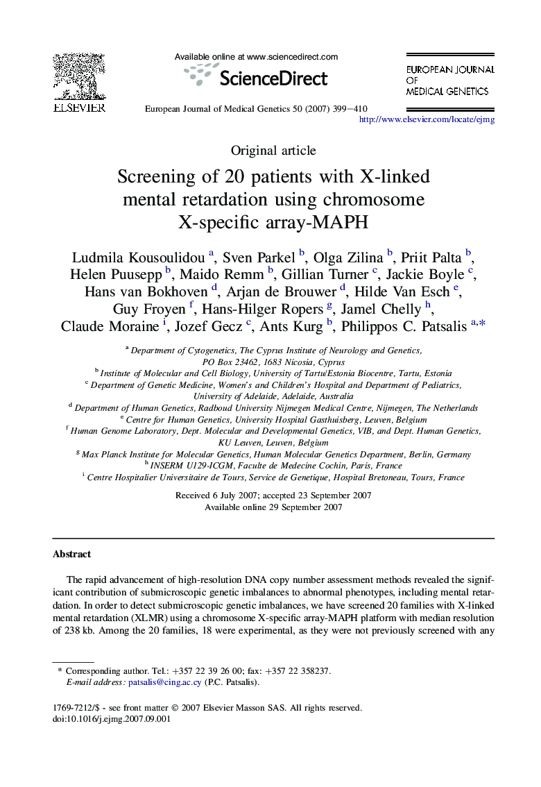 Screening of 20 patients with X-linked mental retardation using chromosome X-specific array-MAPH