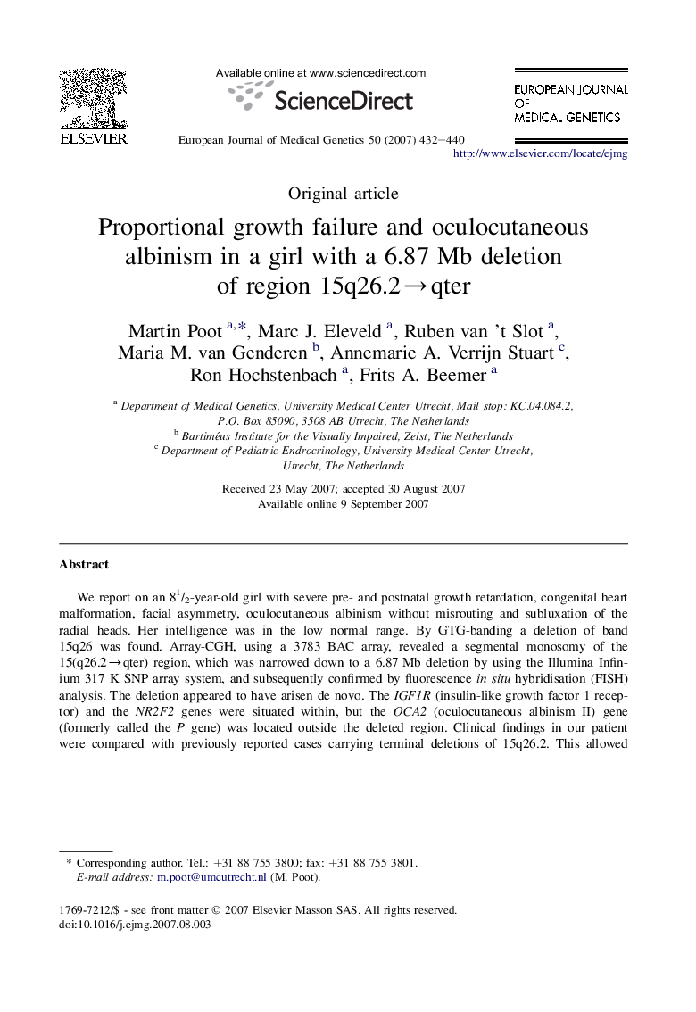 Proportional growth failure and oculocutaneous albinism in a girl with a 6.87 Mb deletion of region 15q26.2→qter