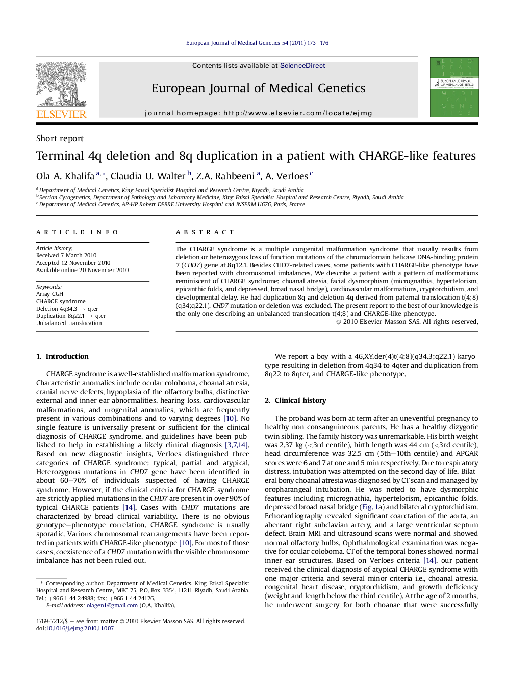 Terminal 4q deletion and 8q duplication in a patient with CHARGE-like features