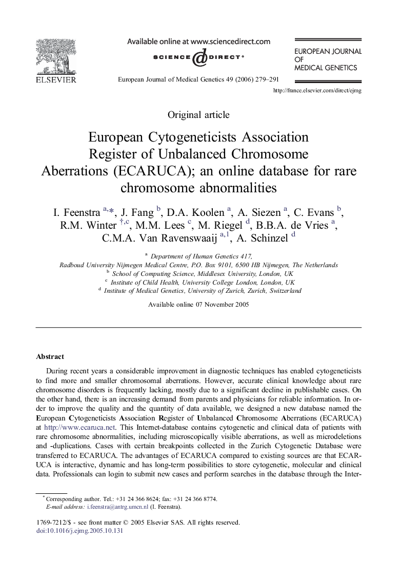 European Cytogeneticists Association Register of Unbalanced Chromosome Aberrations (ECARUCA); an online database for rare chromosome abnormalities