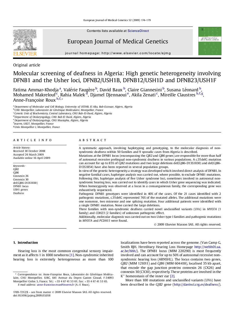 Molecular screening of deafness in Algeria: High genetic heterogeneity involving DFNB1 and the Usher loci, DFNB2/USH1B, DFNB12/USH1D and DFNB23/USH1F