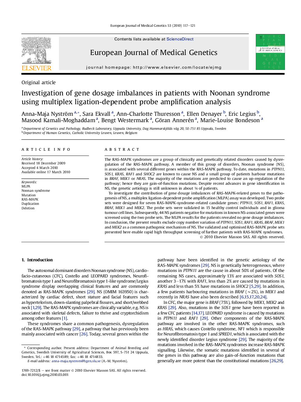 Investigation of gene dosage imbalances in patients with Noonan syndrome using multiplex ligation-dependent probe amplification analysis