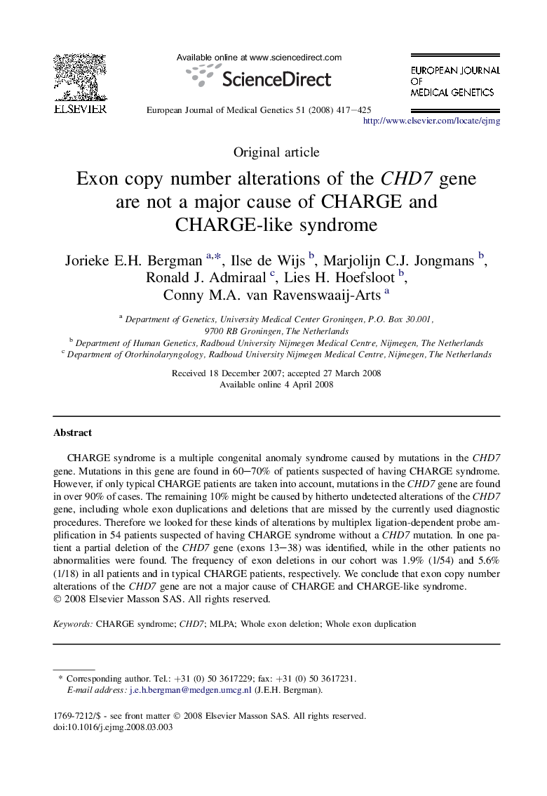 Exon copy number alterations of the CHD7 gene are not a major cause of CHARGE and CHARGE-like syndrome