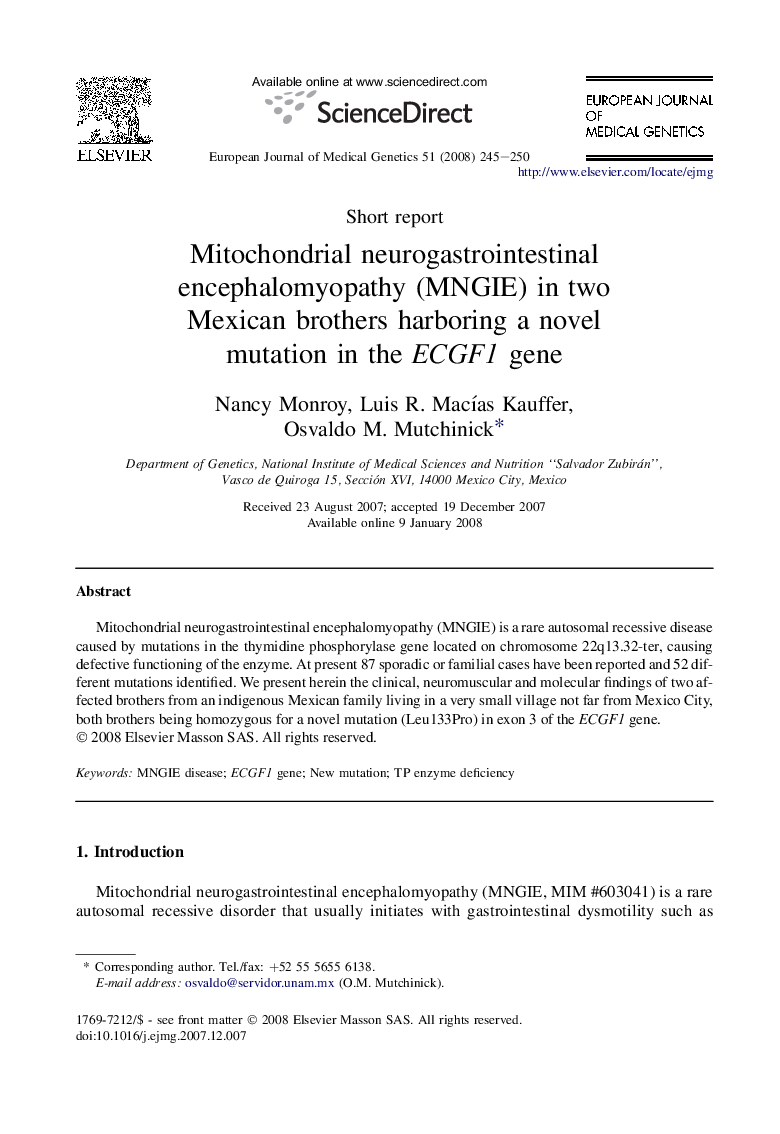 Mitochondrial neurogastrointestinal encephalomyopathy (MNGIE) in two Mexican brothers harboring a novel mutation in the ECGF1 gene