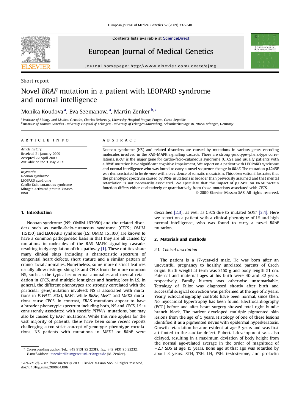 Novel BRAF mutation in a patient with LEOPARD syndrome and normal intelligence