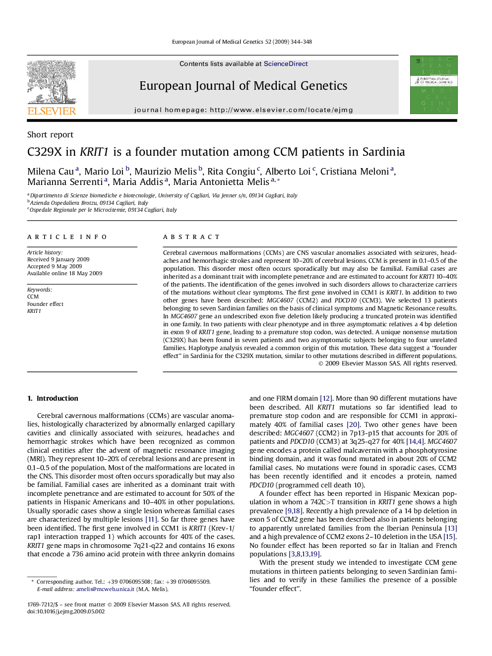 C329X in KRIT1 is a founder mutation among CCM patients in Sardinia