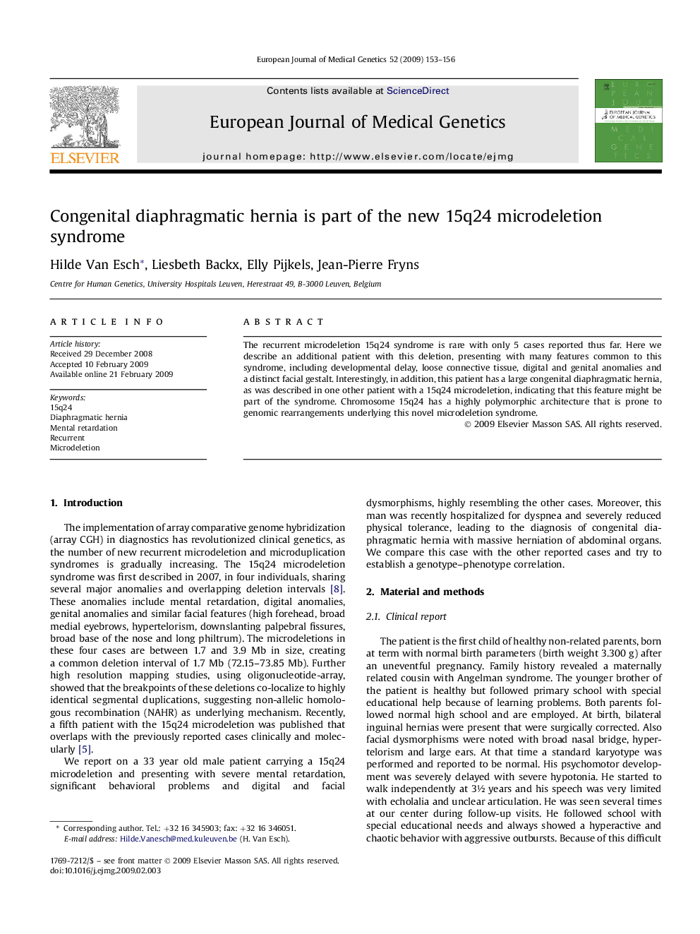 Congenital diaphragmatic hernia is part of the new 15q24 microdeletion syndrome