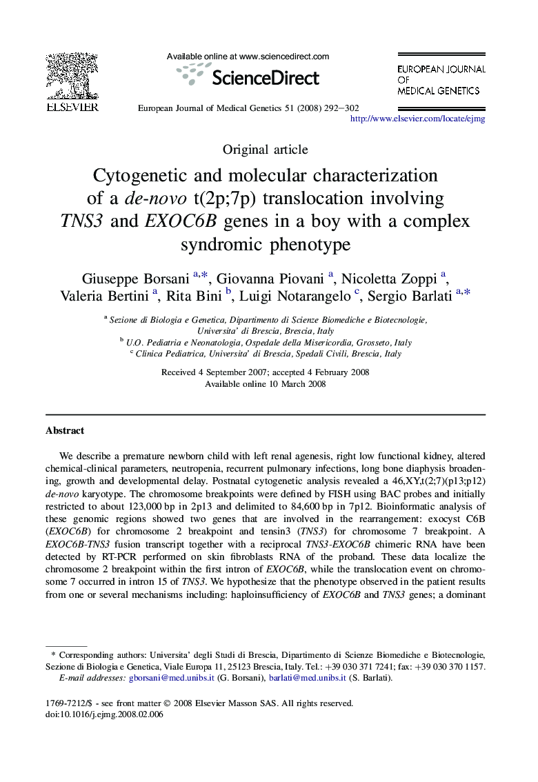 Cytogenetic and molecular characterization of a de-novo t(2p;7p) translocation involving TNS3 and EXOC6B genes in a boy with a complex syndromic phenotype