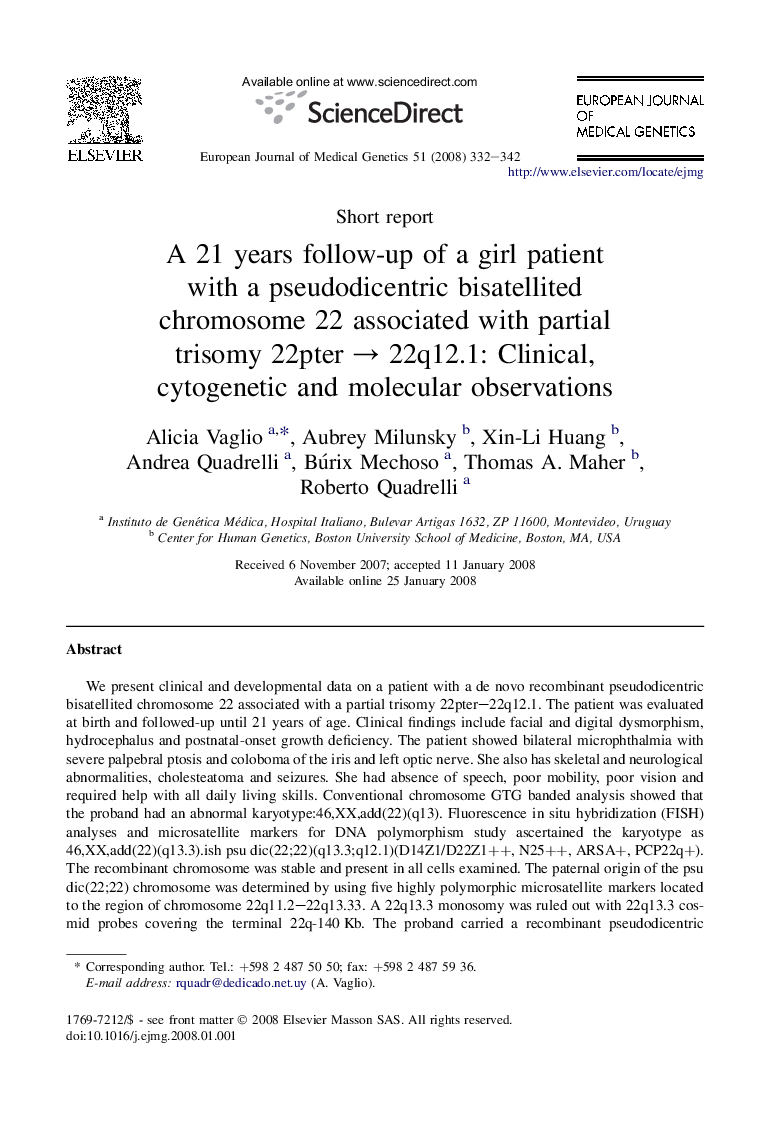 A 21 years follow-up of a girl patient with a pseudodicentric bisatellited chromosome 22 associated with partial trisomy 22pter → 22q12.1: Clinical, cytogenetic and molecular observations