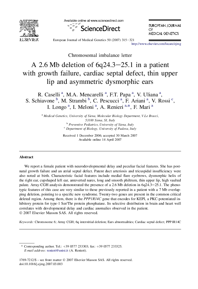 A 2.6 Mb deletion of 6q24.3–25.1 in a patient with growth failure, cardiac septal defect, thin upperlip and asymmetric dysmorphic ears