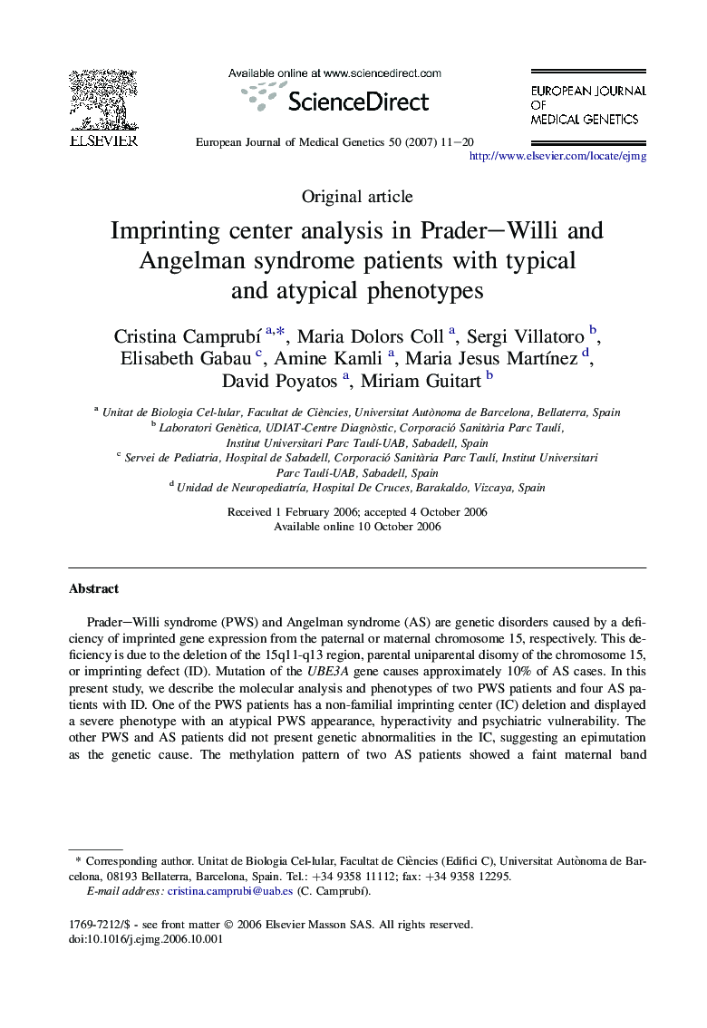 Imprinting center analysis in Prader–Willi and Angelman syndrome patients with typical and atypical phenotypes