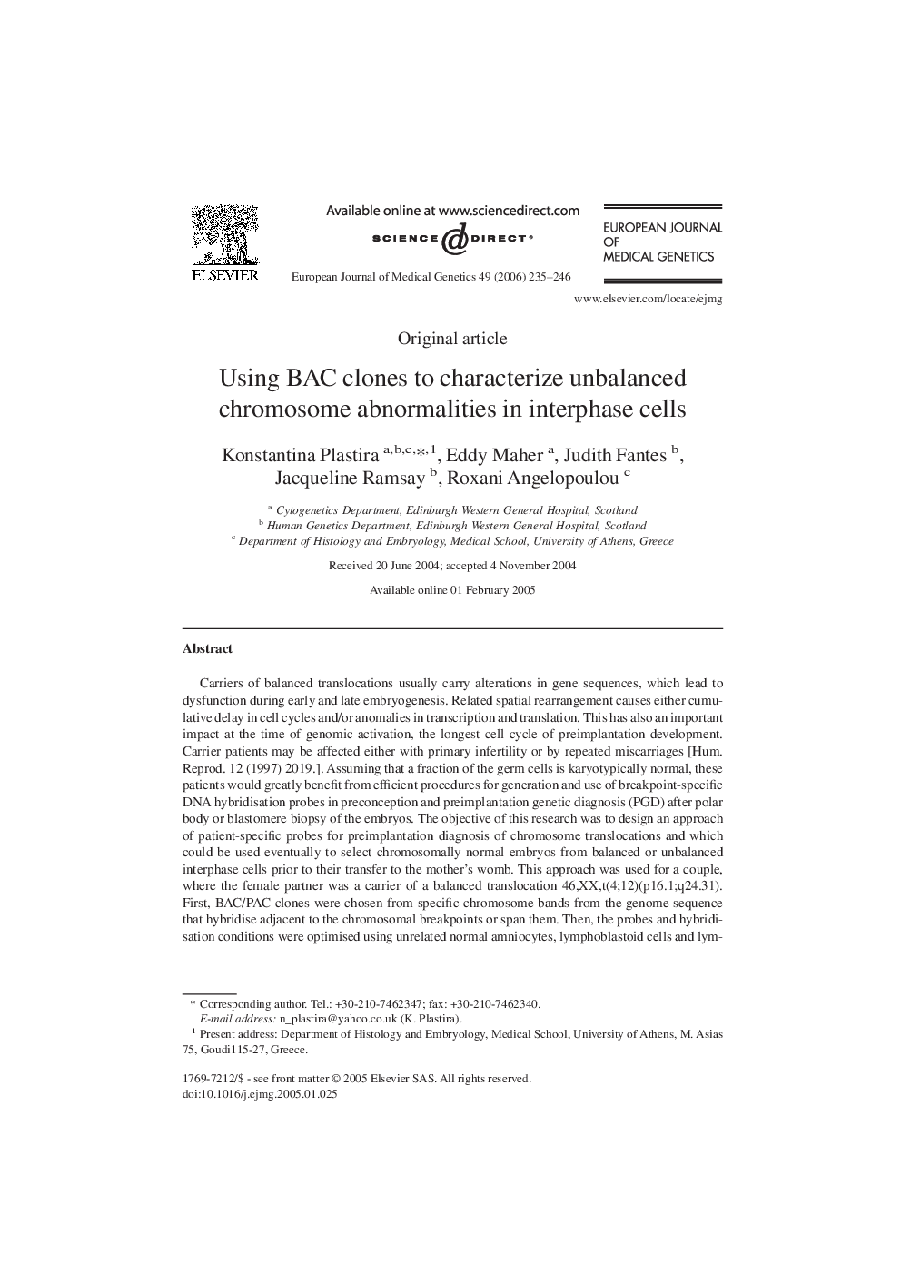 Using BAC clones to characterize unbalanced chromosome abnormalities in interphase cells