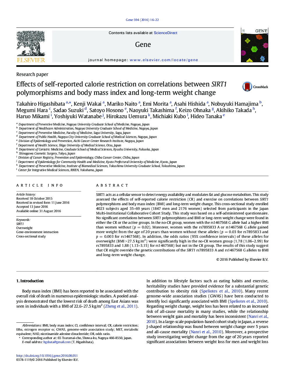 Effects of self-reported calorie restriction on correlations between SIRT1 polymorphisms and body mass index and long-term weight change