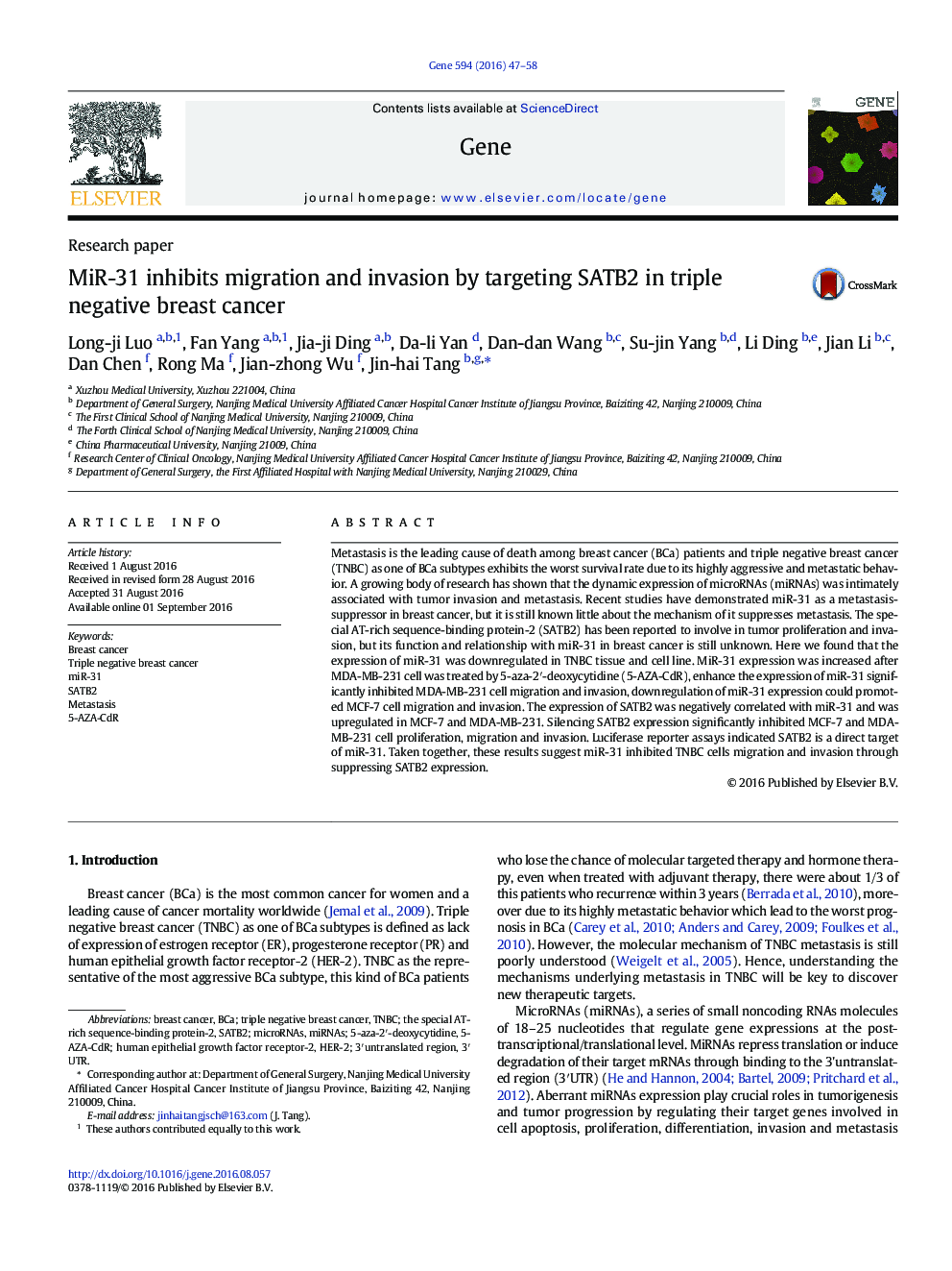 MiR-31 inhibits migration and invasion by targeting SATB2 in triple negative breast cancer