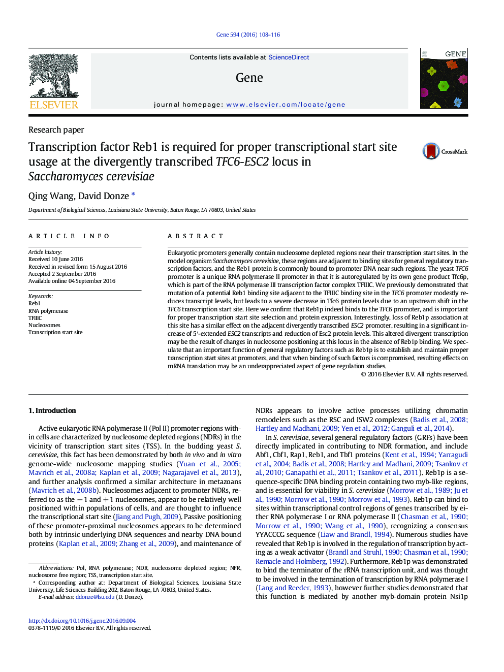 Transcription factor Reb1 is required for proper transcriptional start site usage at the divergently transcribed TFC6-ESC2 locus in Saccharomyces cerevisiae