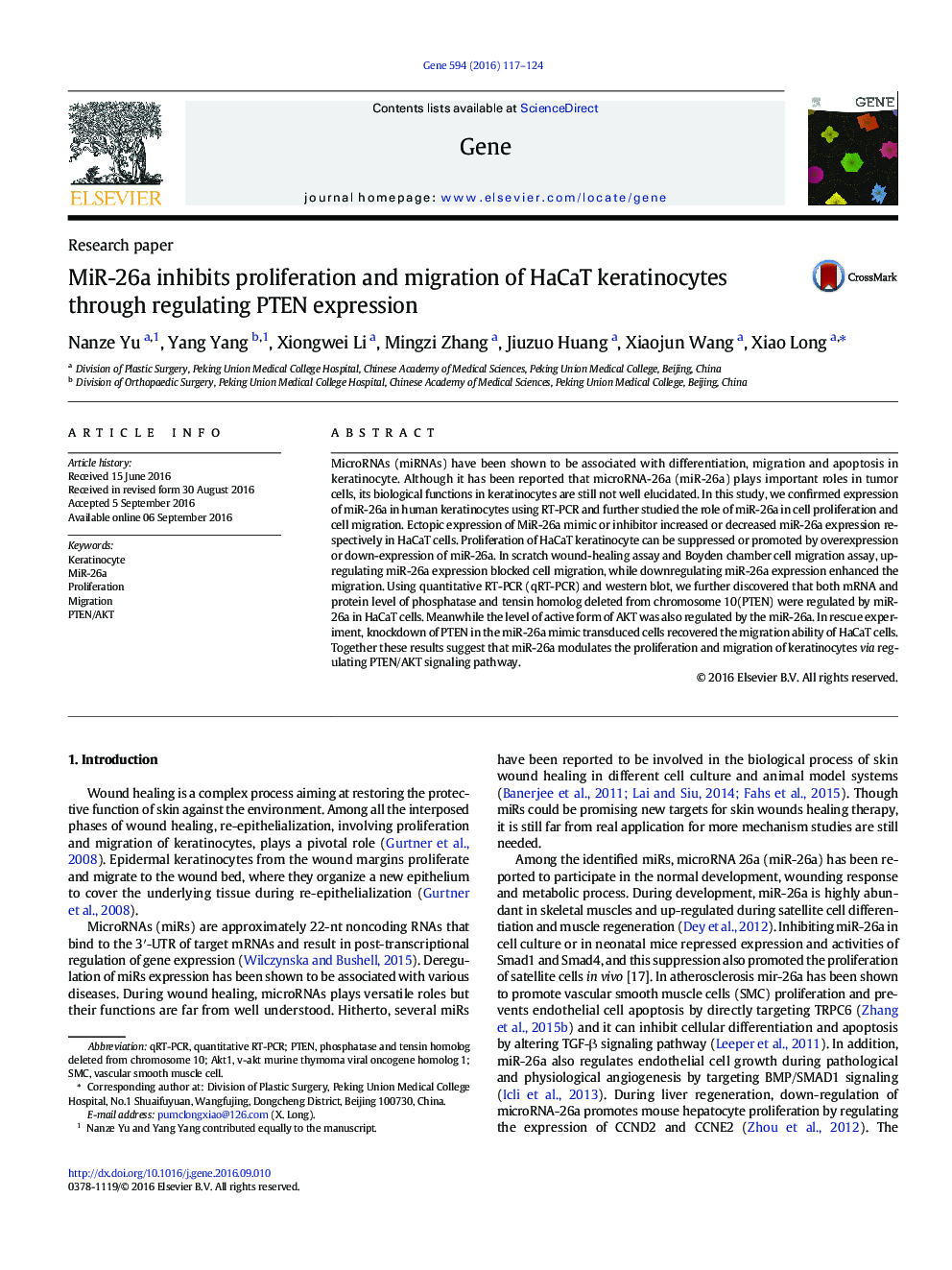 MiR-26a inhibits proliferation and migration of HaCaT keratinocytes through regulating PTEN expression