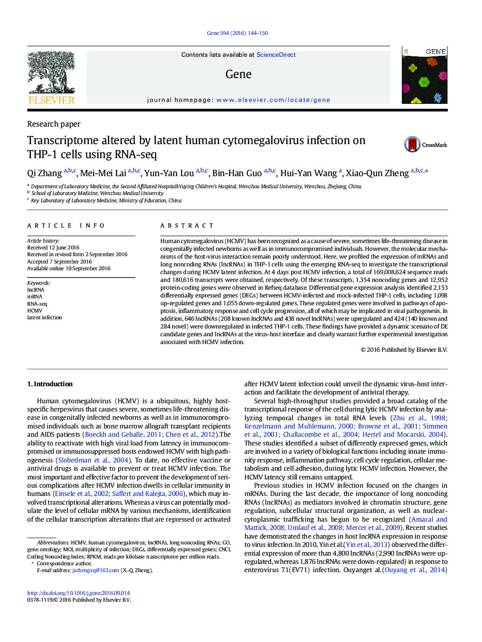 Transcriptome altered by latent human cytomegalovirus infection on THP-1 cells using RNA-seq