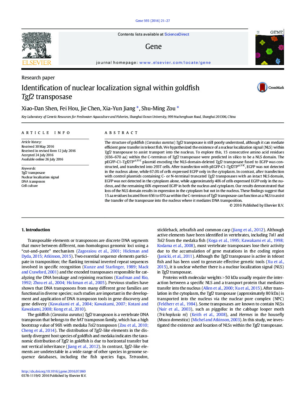 Identification of nuclear localization signal within goldfish Tgf2 transposase