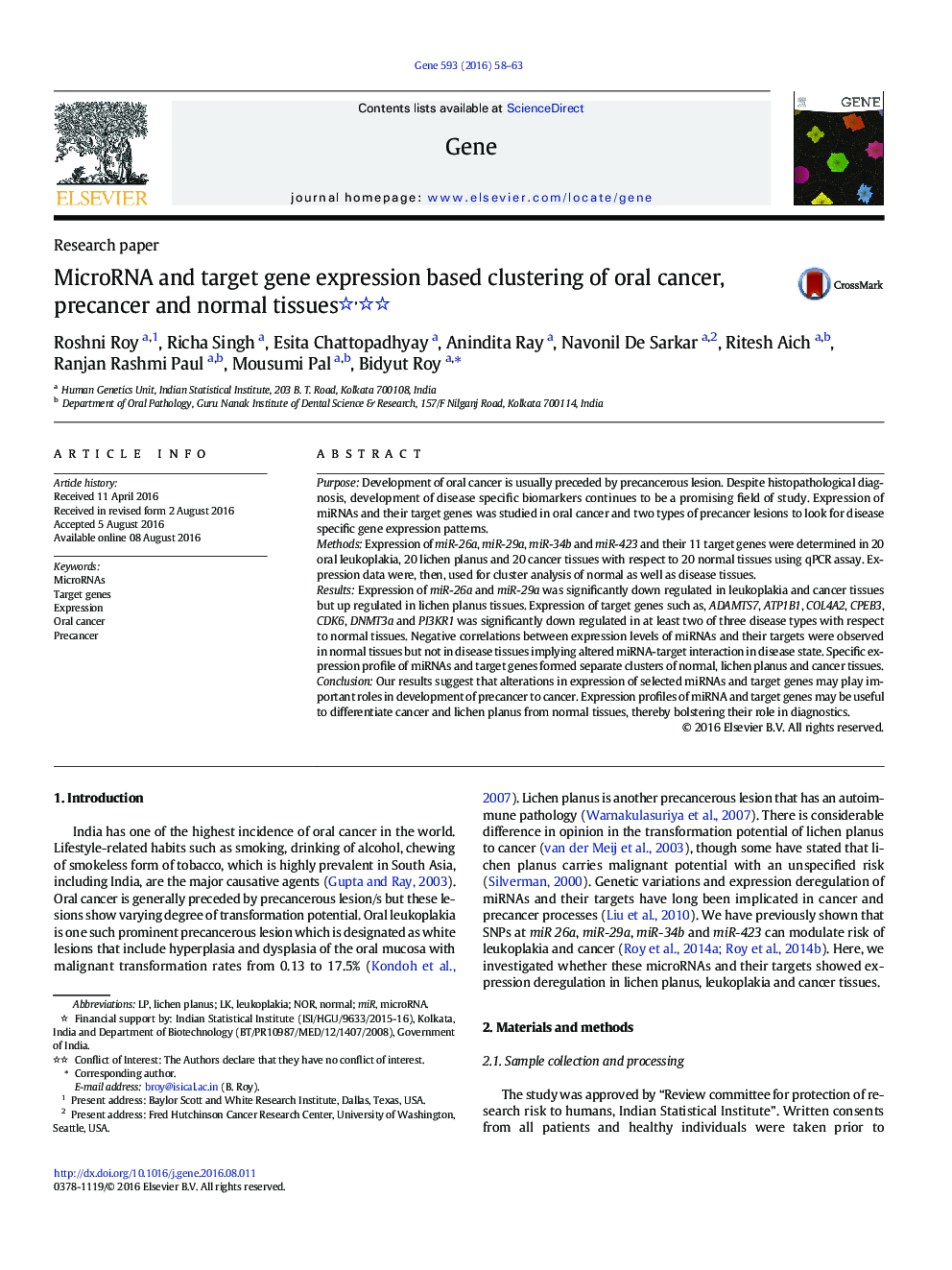 عکس صفحه اول مقاله: MicroRNA and target gene expression based clustering of oral cancer, precancer and normal tissues MicroRNA and target gene expression based clustering of oral cancer, precancer and normal tissues