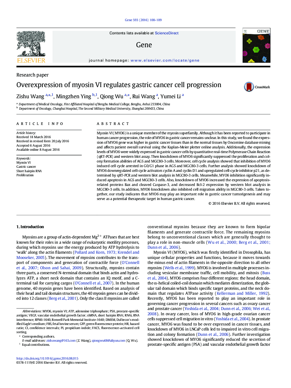 Overexpression of myosin VI regulates gastric cancer cell progression