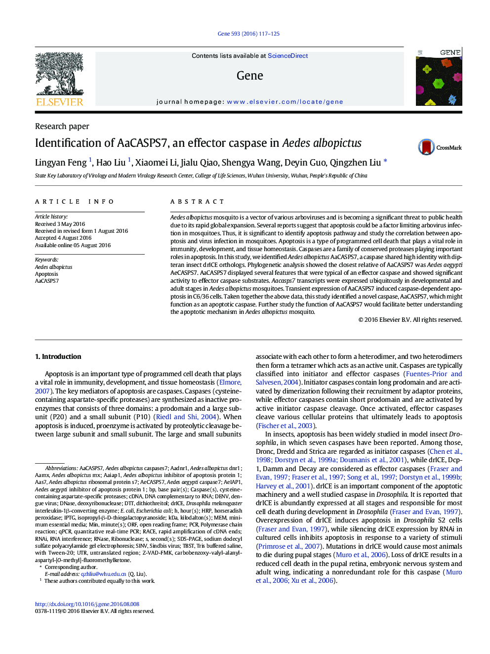 عکس صفحه اول مقاله: Identification of AaCASPS7, an effector caspase in Aedes albopictus Identification of AaCASPS7, an effector caspase in Aedes albopictus