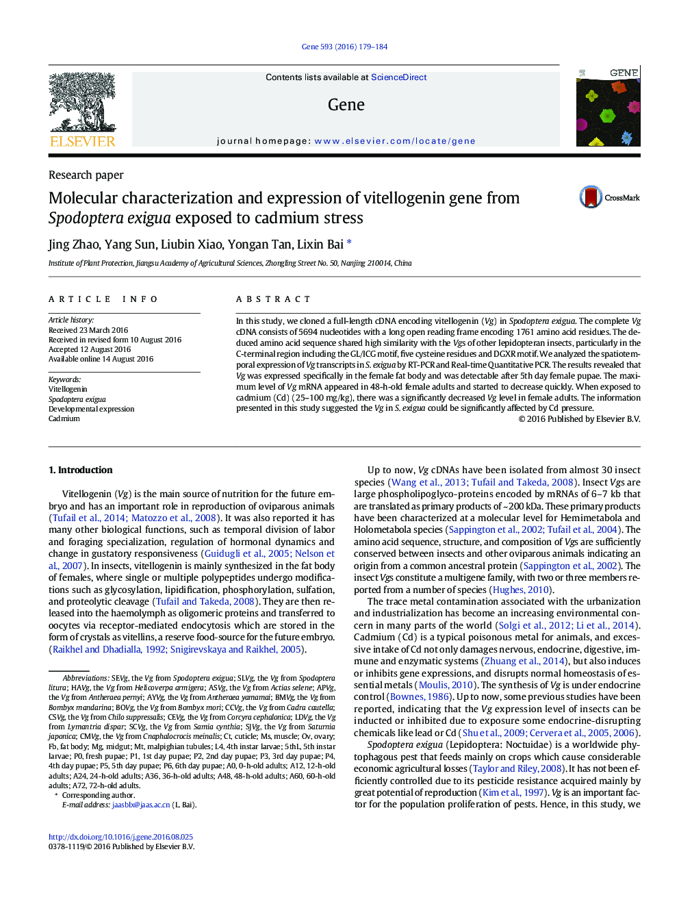 Molecular characterization and expression of vitellogenin gene from Spodoptera exigua exposed to cadmium stress