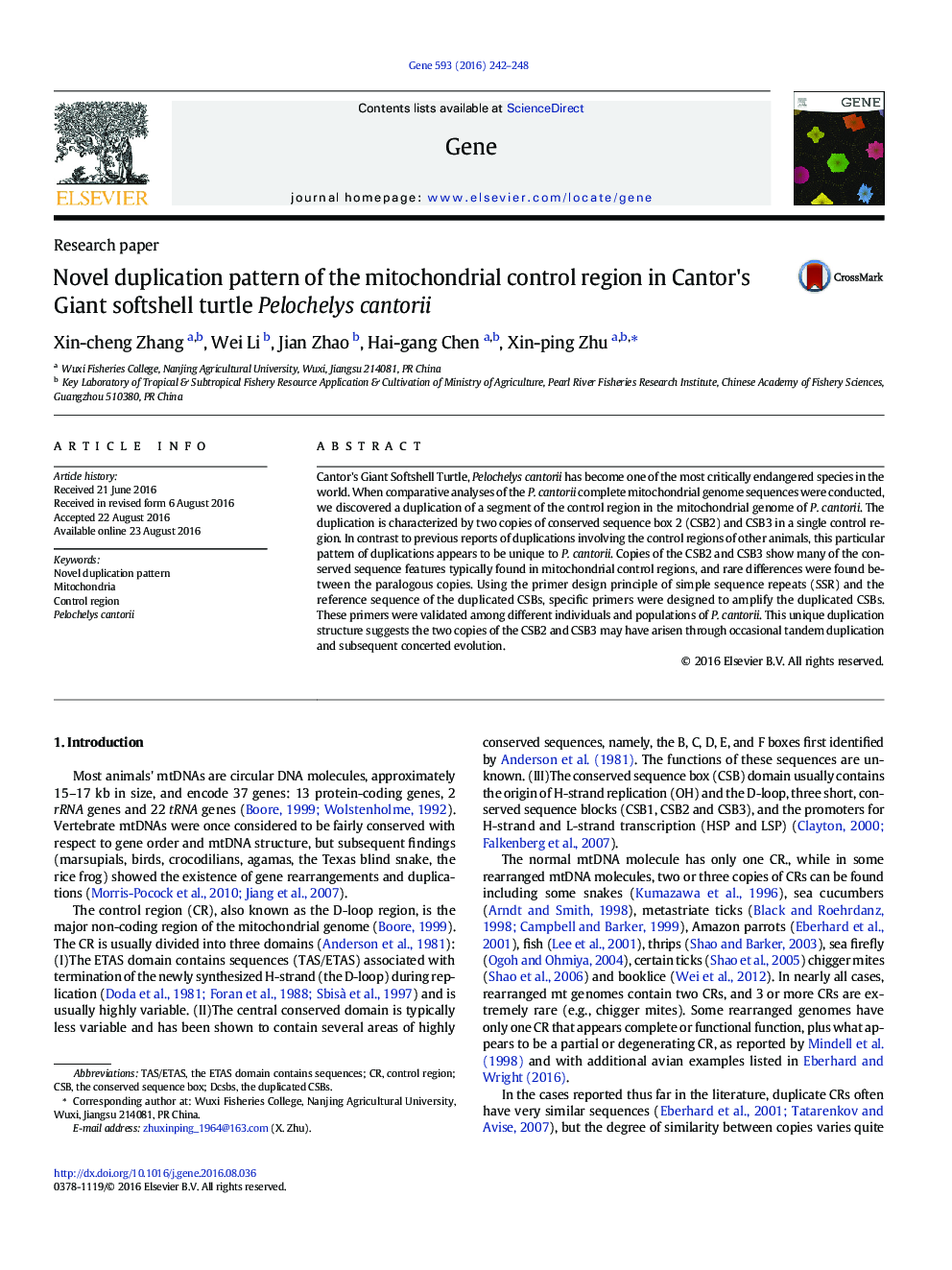 Novel duplication pattern of the mitochondrial control region in Cantor's Giant softshell turtle Pelochelys cantorii