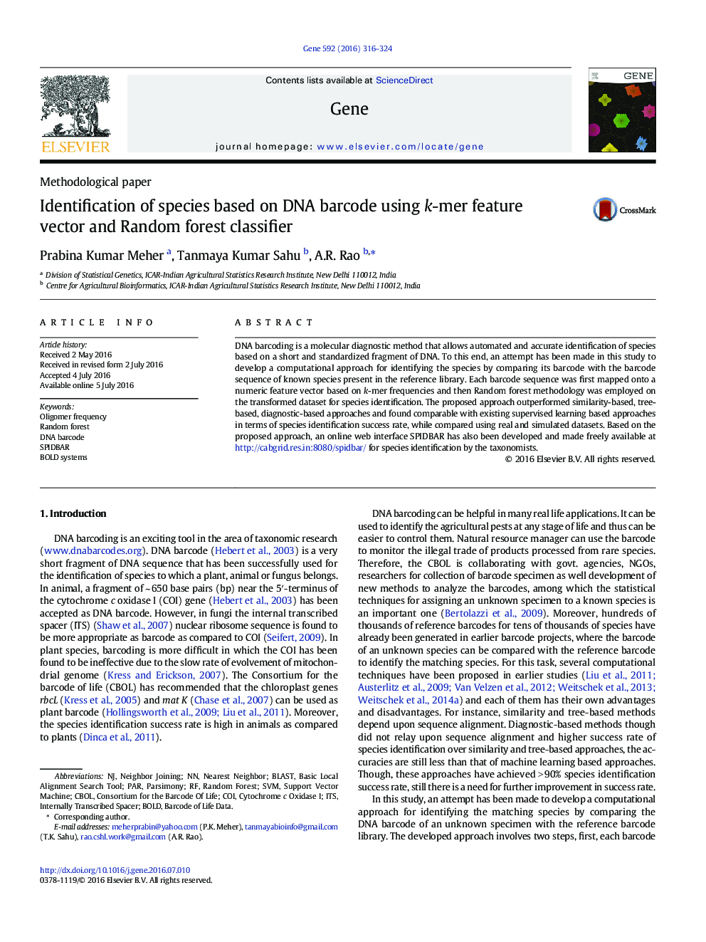 Identification of species based on DNA barcode using k-mer feature vector and Random forest classifier