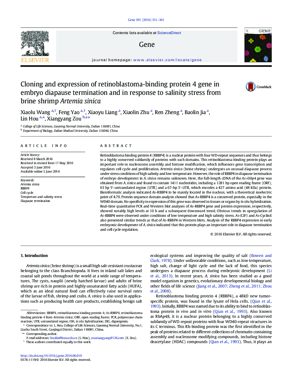 Cloning and expression of retinoblastoma-binding protein 4 gene in embryo diapause termination and in response to salinity stress from brine shrimp Artemia sinica