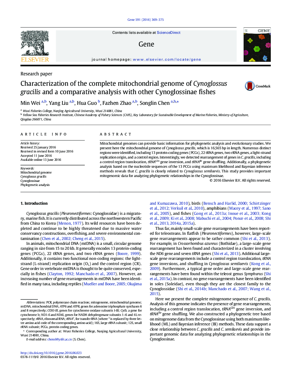 Characterization of the complete mitochondrial genome of Cynoglossus gracilis and a comparative analysis with other Cynoglossinae fishes