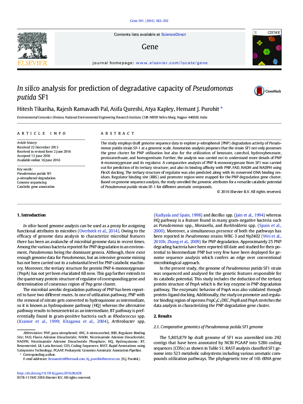 In silico analysis for prediction of degradative capacity of Pseudomonas putida SF1
