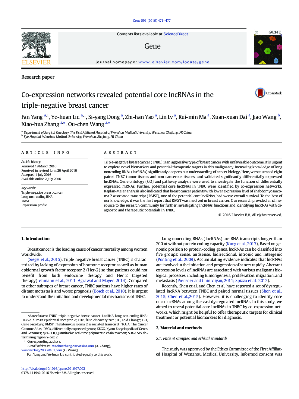 Co-expression networks revealed potential core lncRNAs in the triple-negative breast cancer