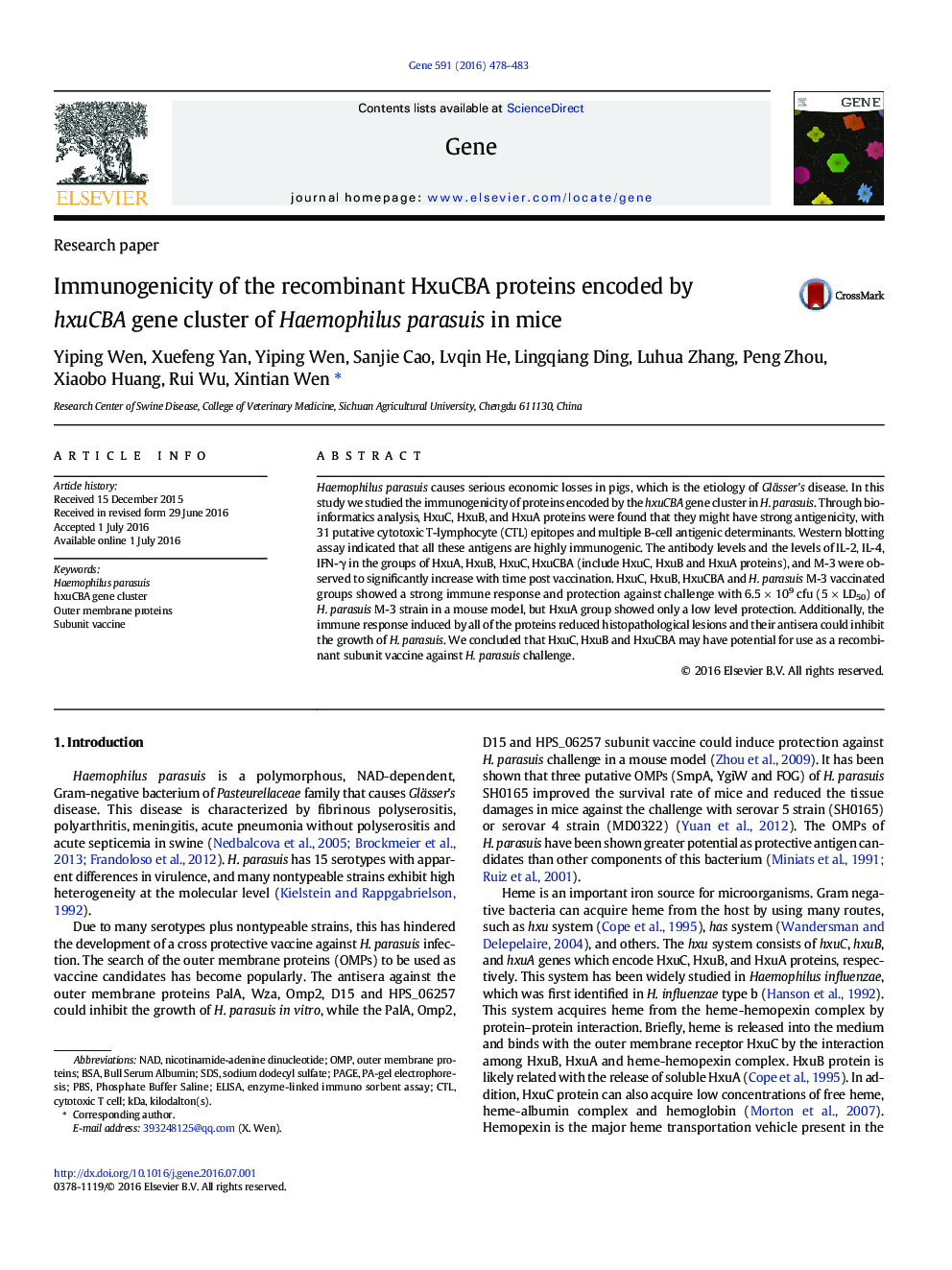 Immunogenicity of the recombinant HxuCBA proteins encoded by hxuCBA gene cluster of Haemophilus parasuis in mice